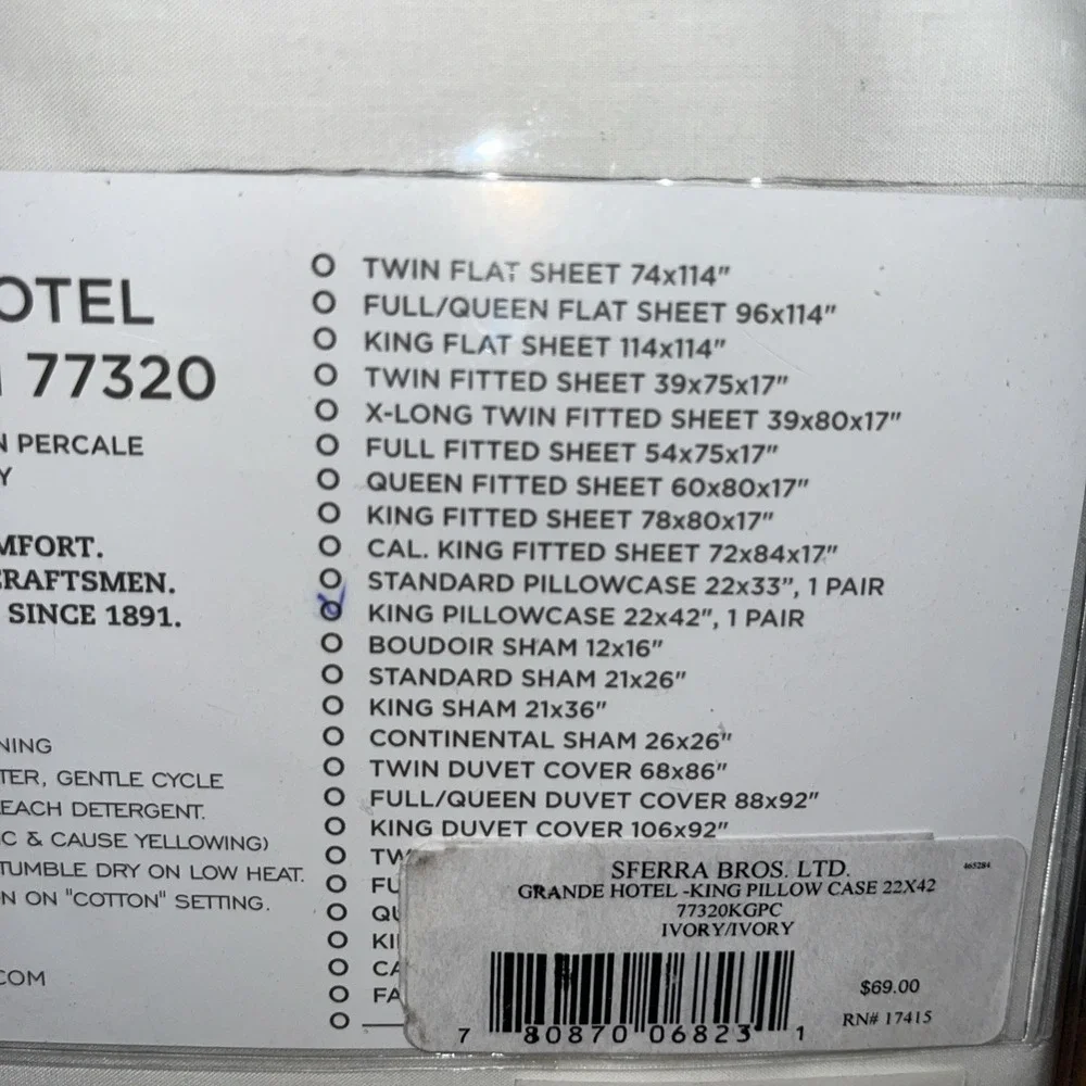 Pair Sferra Grande Hotel KING Pillowcases Cotton Percale 22 X 42